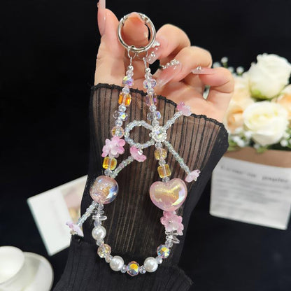 Bow Heart Iridescent Quicksand Crystal Phone Charm, Purple, Pink, Blue