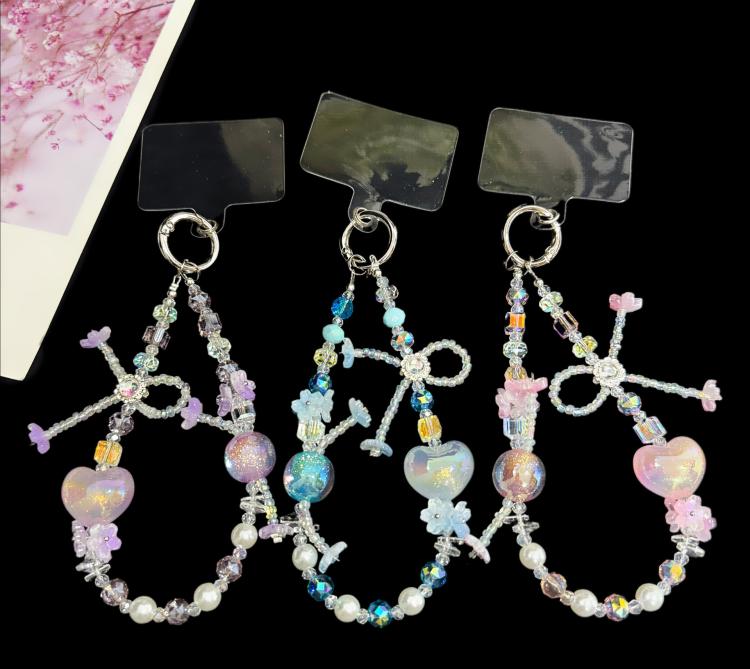 Bow Heart Iridescent Quicksand Crystal Phone Charm, Purple, Pink, Blue