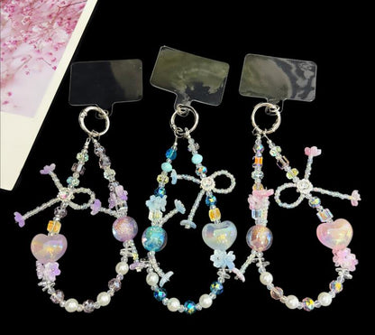 Bow Heart Iridescent Quicksand Crystal Phone Charm, Purple, Pink, Blue
