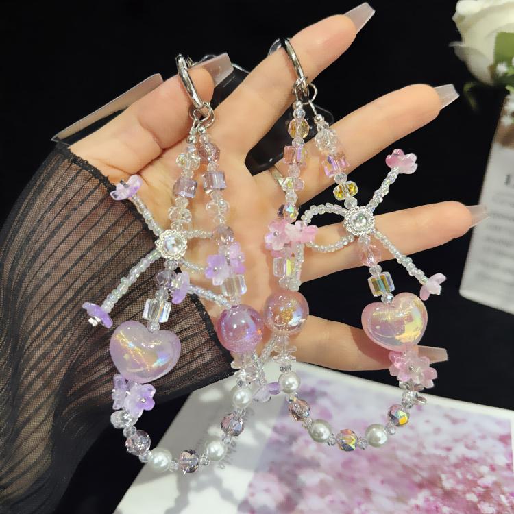 Bow Heart Iridescent Quicksand Crystal Phone Charm, Purple, Pink, Blue