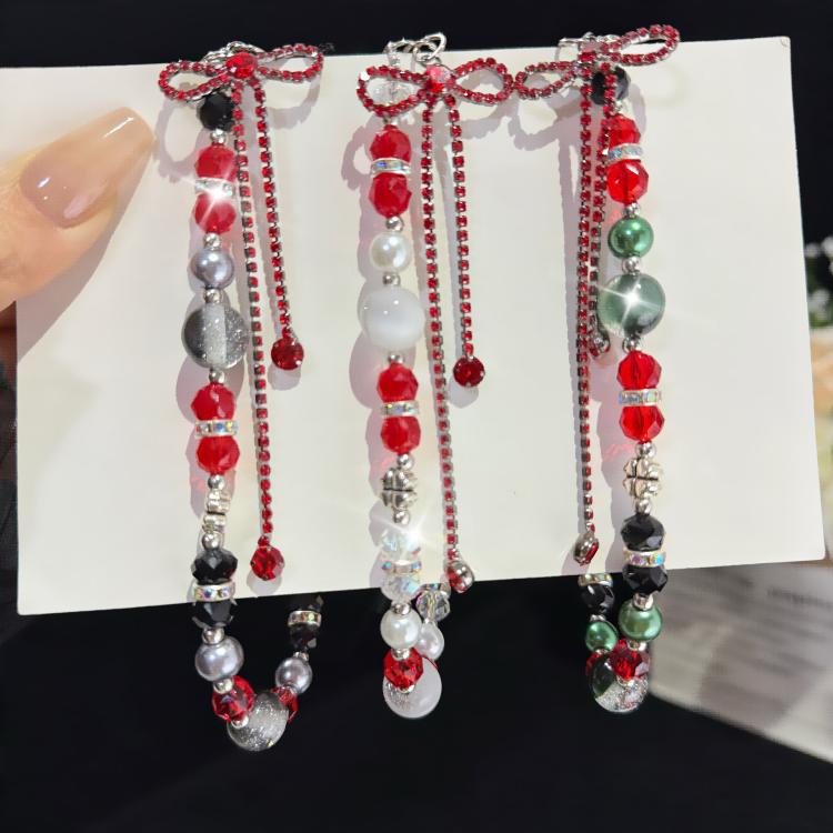 Bow Tassel Pendant Crystal Chain, White, Green, Grey