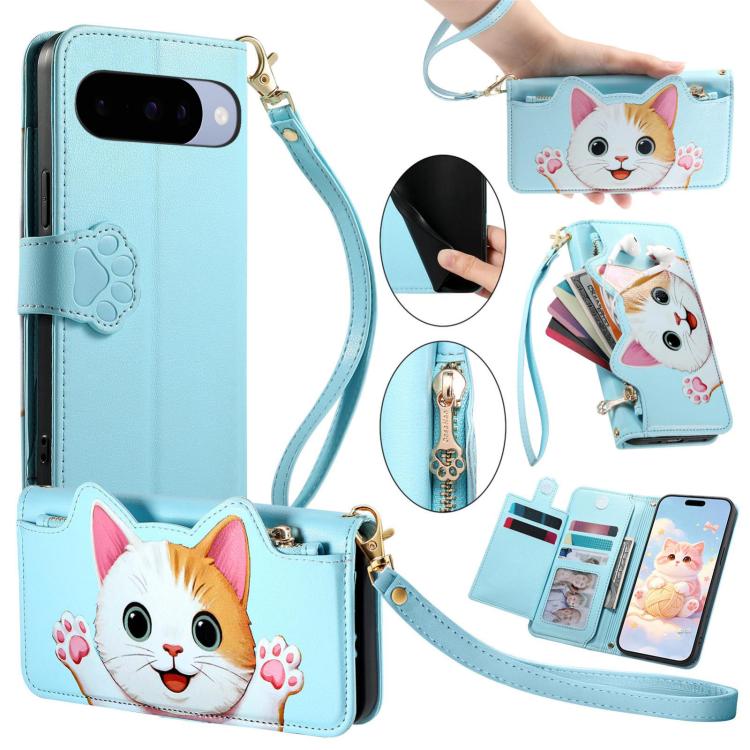Cat-shaped Zipper Wallet Vegan Leather Phone Case with Strap, For Google Pixel 11 Pro XL, For Google Pixel 11 Pro, For Google Pixel 10a, For Google Pixel 9a, For Google Pixel 8a, For Google Pixel 8 Pro, For Google Pixel 8, For Google Pixel 7a          ...