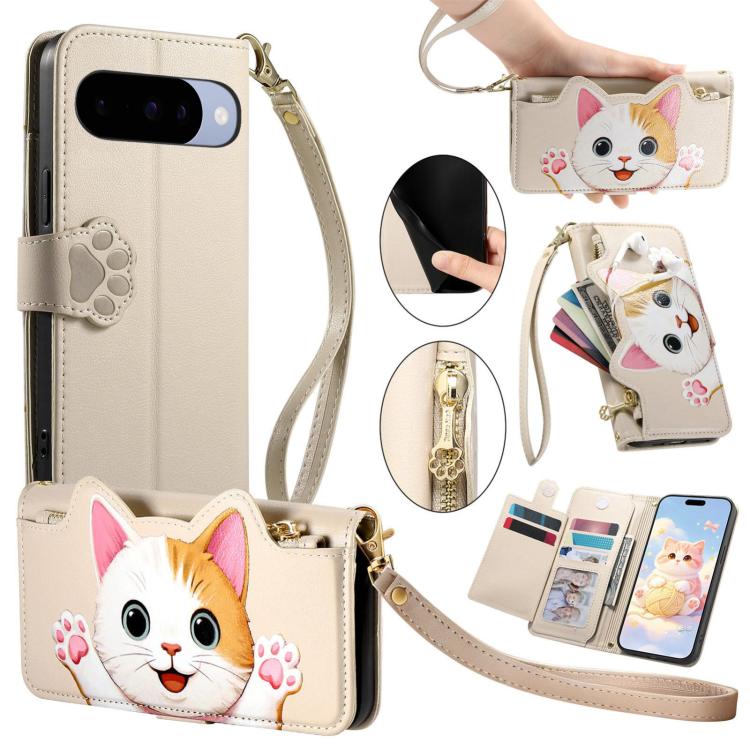 Cat-shaped Zipper Wallet Vegan Leather Phone Case with Strap, For Google Pixel 11 Pro XL, For Google Pixel 11 Pro, For Google Pixel 10a, For Google Pixel 9a, For Google Pixel 8a, For Google Pixel 8 Pro, For Google Pixel 8, For Google Pixel 7a          ...