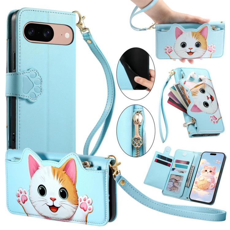 Cat-shaped Zipper Wallet Vegan Leather Phone Case with Strap, For Google Pixel 11 Pro XL, For Google Pixel 11 Pro, For Google Pixel 10a, For Google Pixel 9a, For Google Pixel 8a, For Google Pixel 8 Pro, For Google Pixel 8, For Google Pixel 7a          ...