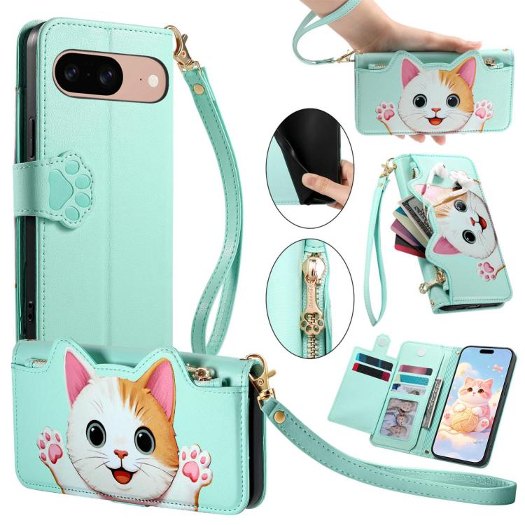 Cat-shaped Zipper Wallet Vegan Leather Phone Case with Strap, For Google Pixel 11 Pro XL, For Google Pixel 11 Pro, For Google Pixel 10a, For Google Pixel 9a, For Google Pixel 8a, For Google Pixel 8 Pro, For Google Pixel 8, For Google Pixel 7a          ...