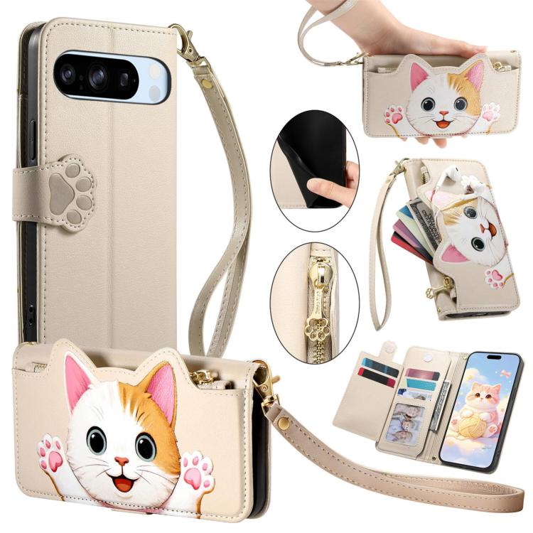 Cat-shaped Zipper Wallet Vegan Leather Phone Case with Strap, For Google Pixel 11 Pro XL, For Google Pixel 11 Pro, For Google Pixel 10a, For Google Pixel 9a, For Google Pixel 8a, For Google Pixel 8 Pro, For Google Pixel 8, For Google Pixel 7a          ...