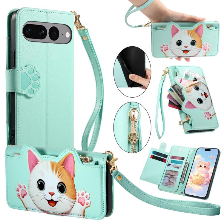Cat-shaped Zipper Wallet Vegan Leather Phone Case with Strap, For Google Pixel 11 Pro XL, For Google Pixel 11 Pro, For Google Pixel 10a, For Google Pixel 9a, For Google Pixel 8a, For Google Pixel 8 Pro, For Google Pixel 8, For Google Pixel 7a          ...
