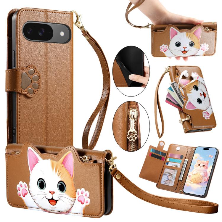 Cat-shaped Zipper Wallet Vegan Leather Phone Case with Strap, For Google Pixel 11 Pro XL, For Google Pixel 11 Pro, For Google Pixel 10a, For Google Pixel 9a, For Google Pixel 8a, For Google Pixel 8 Pro, For Google Pixel 8, For Google Pixel 7a          ...