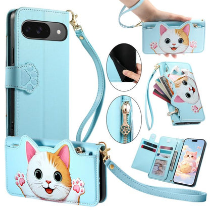 Cat-shaped Zipper Wallet Vegan Leather Phone Case with Strap, For Google Pixel 11 Pro XL, For Google Pixel 11 Pro, For Google Pixel 10a, For Google Pixel 9a, For Google Pixel 8a, For Google Pixel 8 Pro, For Google Pixel 8, For Google Pixel 7a          ...