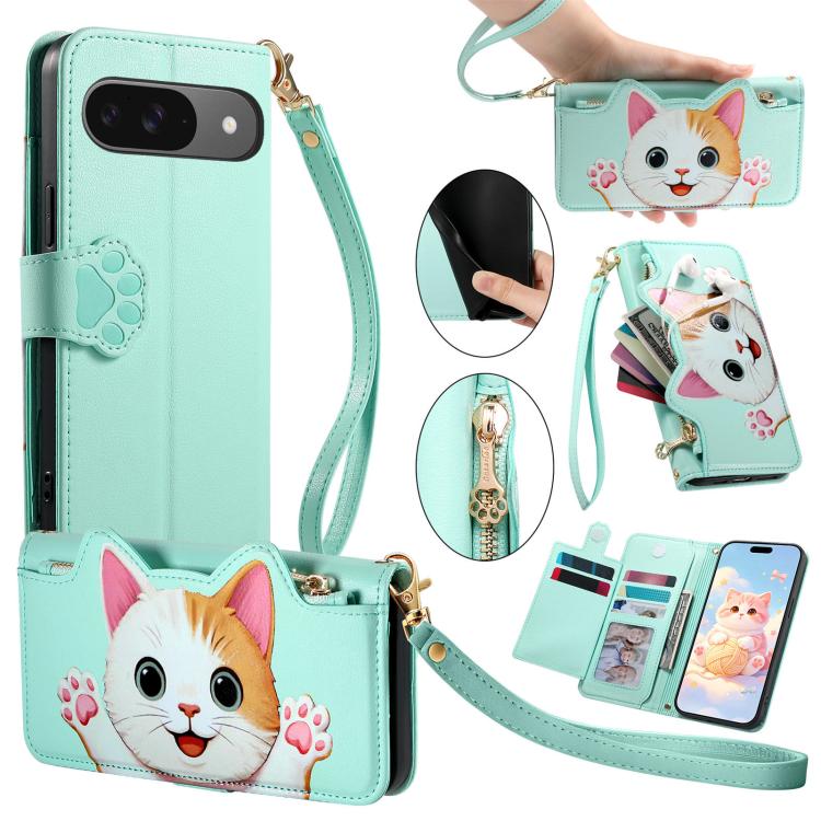 Cat-shaped Zipper Wallet Vegan Leather Phone Case with Strap, For Google Pixel 11 Pro XL, For Google Pixel 11 Pro, For Google Pixel 10a, For Google Pixel 9a, For Google Pixel 8a, For Google Pixel 8 Pro, For Google Pixel 8, For Google Pixel 7a          ...