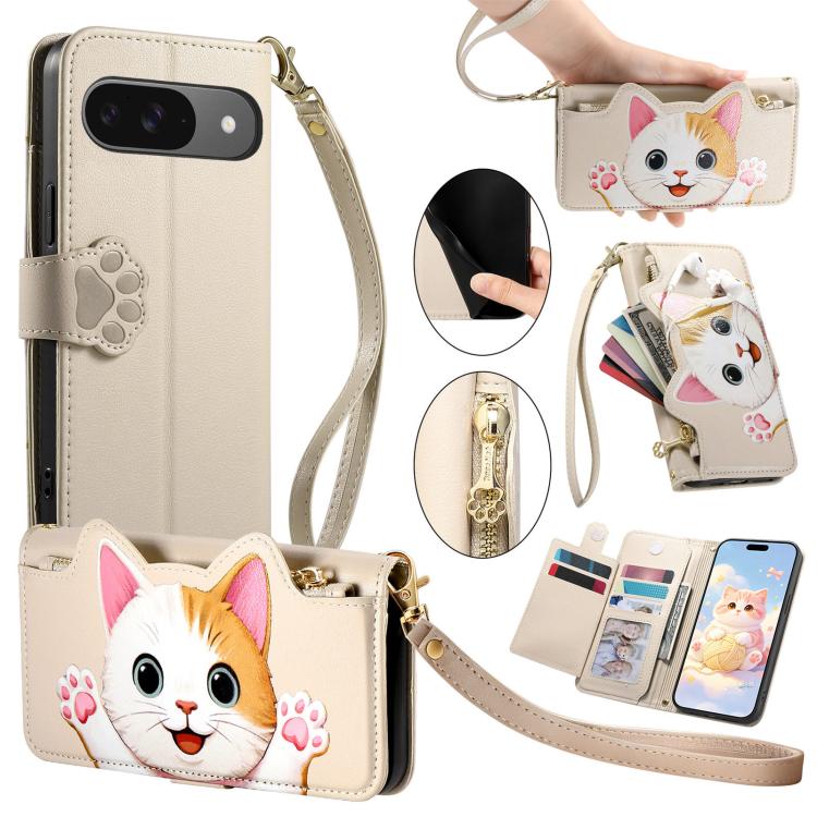 Cat-shaped Zipper Wallet Vegan Leather Phone Case with Strap, For Google Pixel 11 Pro XL, For Google Pixel 11 Pro, For Google Pixel 10a, For Google Pixel 9a, For Google Pixel 8a, For Google Pixel 8 Pro, For Google Pixel 8, For Google Pixel 7a          ...