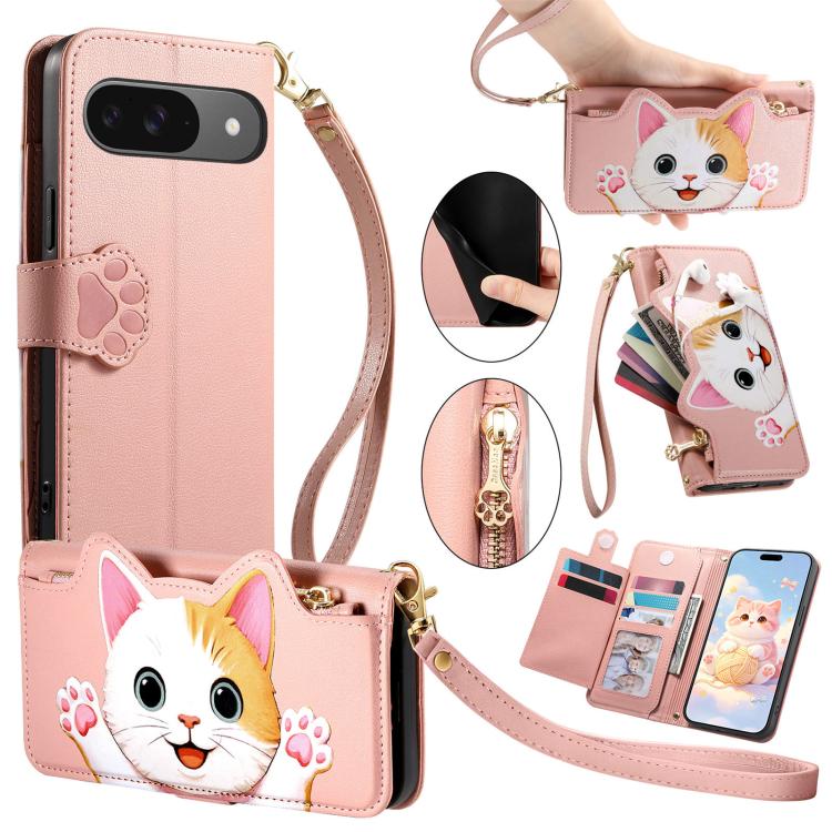 Cat-shaped Zipper Wallet Vegan Leather Phone Case with Strap, For Google Pixel 11 Pro XL, For Google Pixel 11 Pro, For Google Pixel 10a, For Google Pixel 9a, For Google Pixel 8a, For Google Pixel 8 Pro, For Google Pixel 8, For Google Pixel 7a          ...