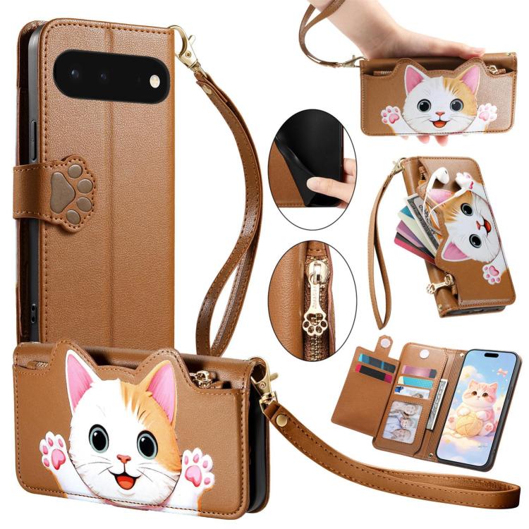 Cat-shaped Zipper Wallet Vegan Leather Phone Case with Strap, For Google Pixel 11 Pro XL, For Google Pixel 11 Pro, For Google Pixel 10a, For Google Pixel 9a, For Google Pixel 8a, For Google Pixel 8 Pro, For Google Pixel 8, For Google Pixel 7a          ...