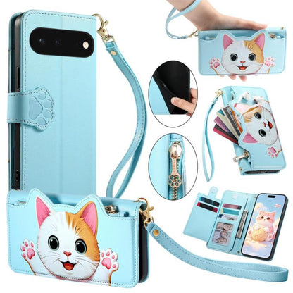 Cat-shaped Zipper Wallet Vegan Leather Phone Case with Strap, For Google Pixel 11 Pro XL, For Google Pixel 11 Pro, For Google Pixel 10a, For Google Pixel 9a, For Google Pixel 8a, For Google Pixel 8 Pro, For Google Pixel 8, For Google Pixel 7a          ...