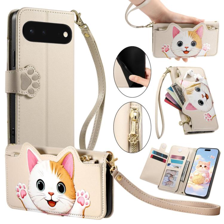 Cat-shaped Zipper Wallet Vegan Leather Phone Case with Strap, For Google Pixel 11 Pro XL, For Google Pixel 11 Pro, For Google Pixel 10a, For Google Pixel 9a, For Google Pixel 8a, For Google Pixel 8 Pro, For Google Pixel 8, For Google Pixel 7a          ...