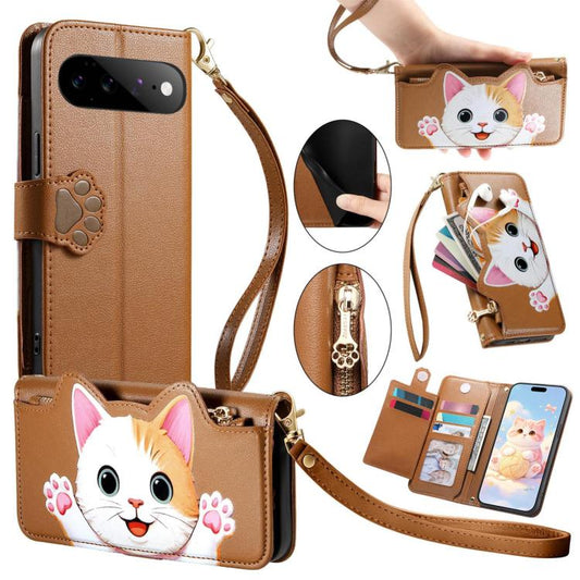 Cat-shaped Zipper Wallet Vegan Leather Phone Case with Strap, For Google Pixel 11 Pro XL, For Google Pixel 11 Pro, For Google Pixel 10a, For Google Pixel 9a, For Google Pixel 8a, For Google Pixel 8 Pro, For Google Pixel 8, For Google Pixel 7a