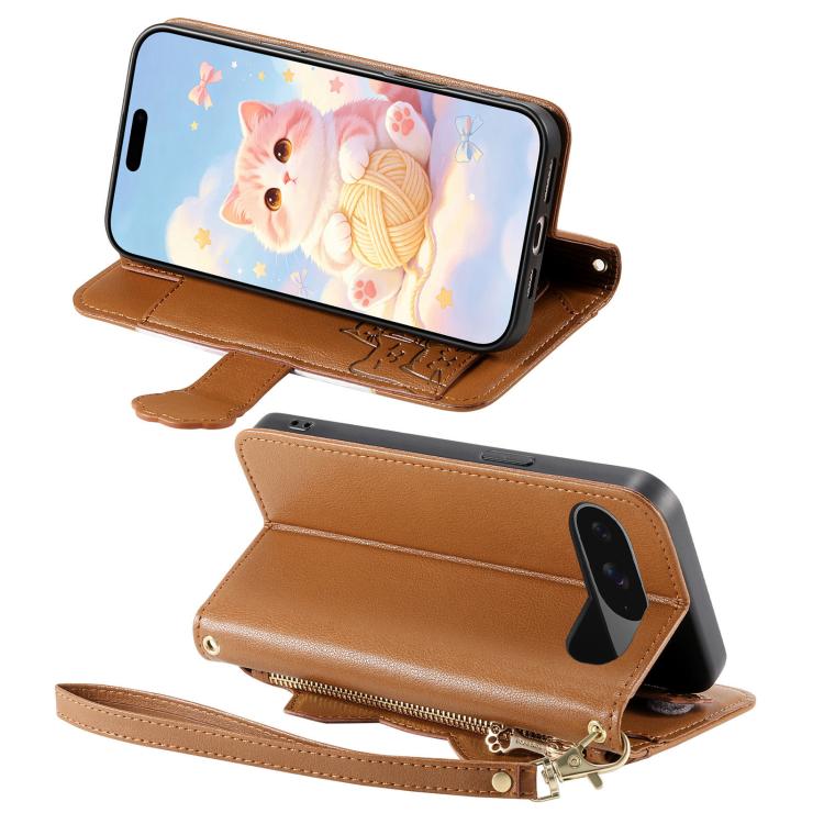 Cat-shaped Zipper Wallet Vegan Leather Phone Case with Strap, For Google Pixel 11 Pro XL, For Google Pixel 11 Pro, For Google Pixel 10a, For Google Pixel 9a, For Google Pixel 8a, For Google Pixel 8 Pro, For Google Pixel 8, For Google Pixel 7a          ...