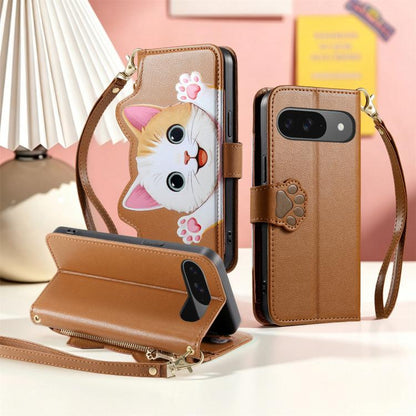 Cat-shaped Zipper Wallet Vegan Leather Phone Case with Strap, For Google Pixel 11 Pro XL, For Google Pixel 11 Pro, For Google Pixel 10a, For Google Pixel 9a, For Google Pixel 8a, For Google Pixel 8 Pro, For Google Pixel 8, For Google Pixel 7a          ...
