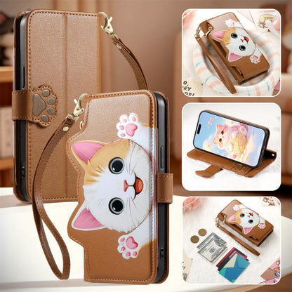Cat-shaped Zipper Wallet Vegan Leather Phone Case with Strap, For Google Pixel 11 Pro XL, For Google Pixel 11 Pro, For Google Pixel 10a, For Google Pixel 9a, For Google Pixel 8a, For Google Pixel 8 Pro, For Google Pixel 8, For Google Pixel 7a          ...