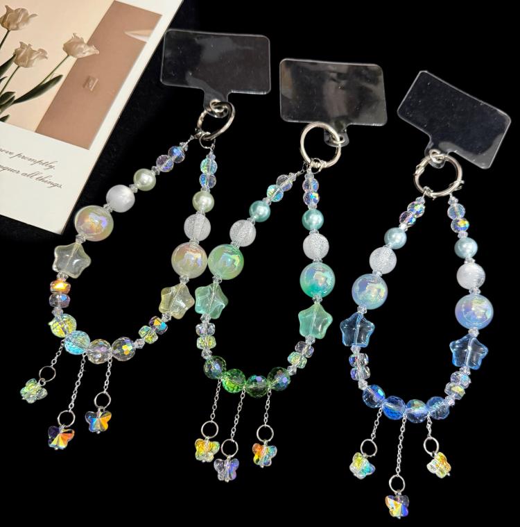 Iridescent Butterfly Glowing Beaded Crystal Chain, Blue, Green, White