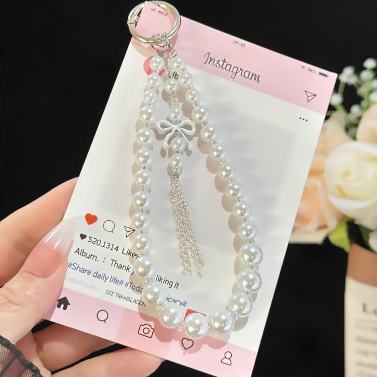 Alloy Bow Tassel Pearl & Crystal Chain, White, Pink