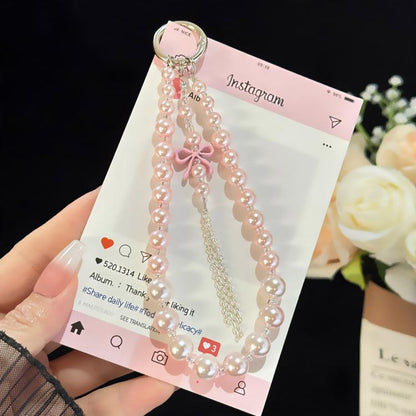 Alloy Bow Tassel Pearl & Crystal Chain, White, Pink