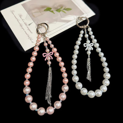 Alloy Bow Tassel Pearl & Crystal Chain, White, Pink
