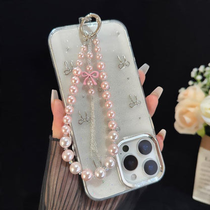 Alloy Bow Tassel Pearl & Crystal Chain, White, Pink