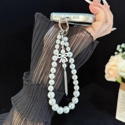 Alloy Bow Tassel Pearl & Crystal Chain, White, Pink