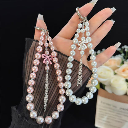Alloy Bow Tassel Pearl & Crystal Chain, White, Pink