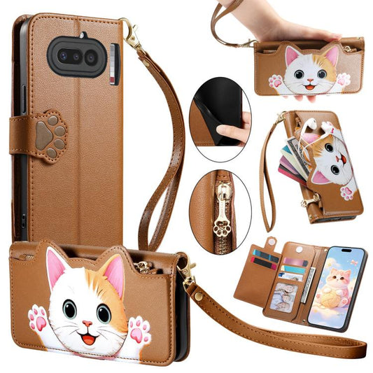 Cat-shaped Zipper Wallet Vegan Leather Phone Case with Strap, For Nothing Phone 4a