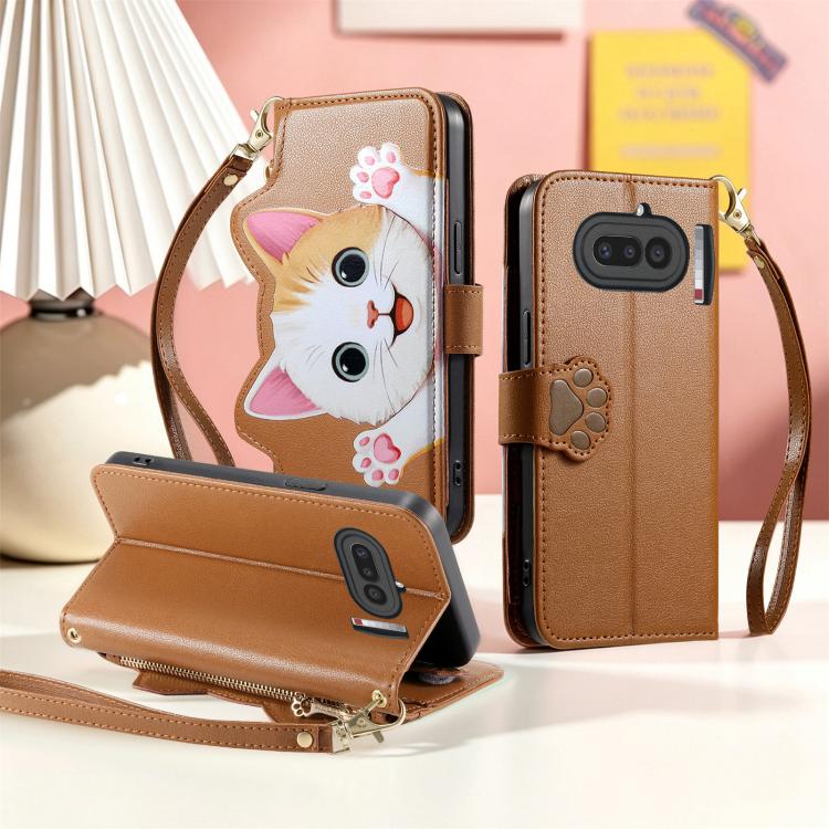 Cat-shaped Zipper Wallet Vegan Leather Phone Case with Strap, For Nothing Phone 4a