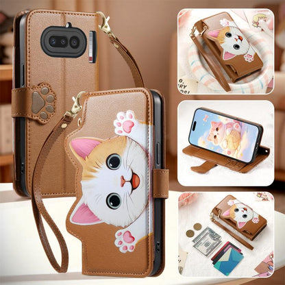 Cat-shaped Zipper Wallet Vegan Leather Phone Case with Strap, For Nothing Phone 4a