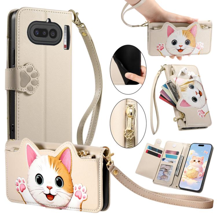 Cat-shaped Zipper Wallet Vegan Leather Phone Case with Strap, For Nothing Phone 4a