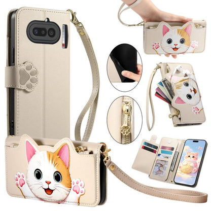 Cat-shaped Zipper Wallet Vegan Leather Phone Case with Strap, For Nothing Phone 4a