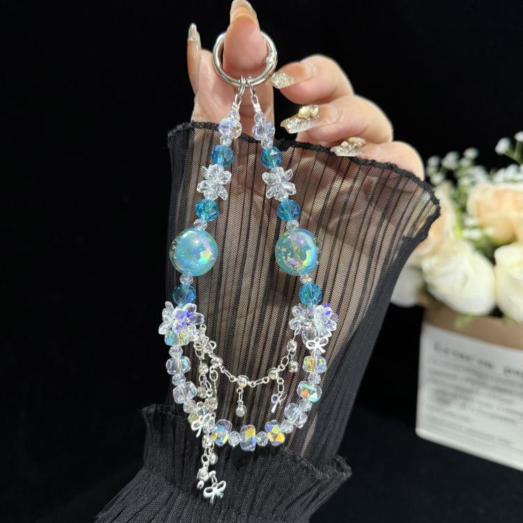 Floral Iridescent Bead Tassel Crystal Chain, Purple, White, Blue