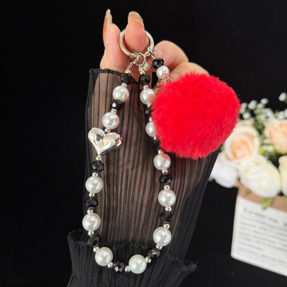 Pom-pom Pearl Heart Bracelet, Red, Brown, Grey