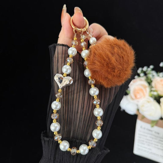 Pom-pom Pearl Heart Bracelet, Red, Brown, Grey