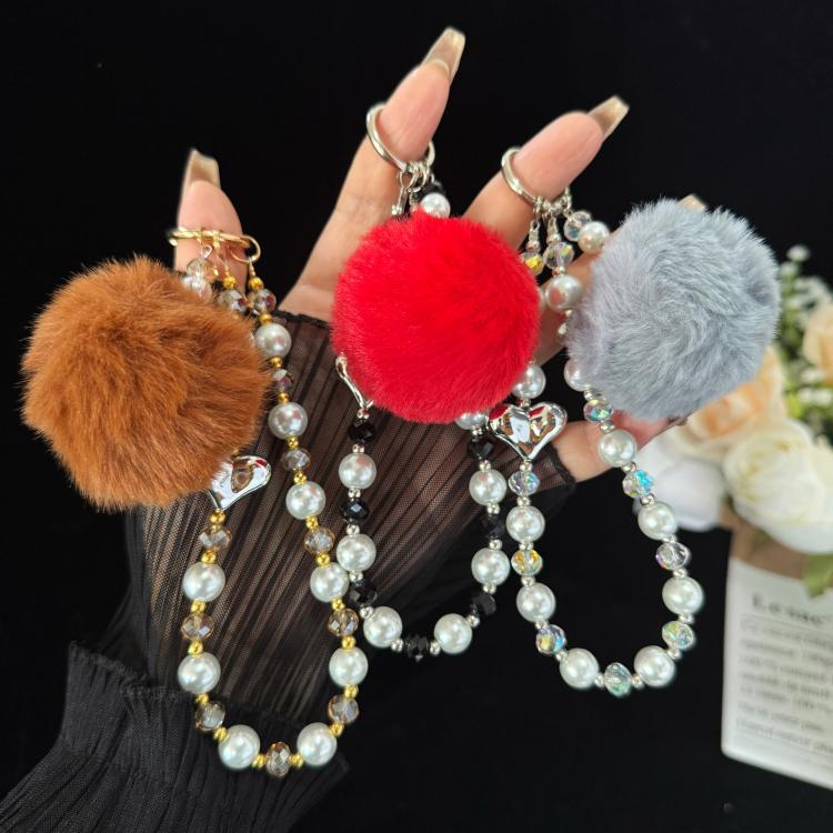 Pom-pom Pearl Heart Bracelet, Red, Brown, Grey