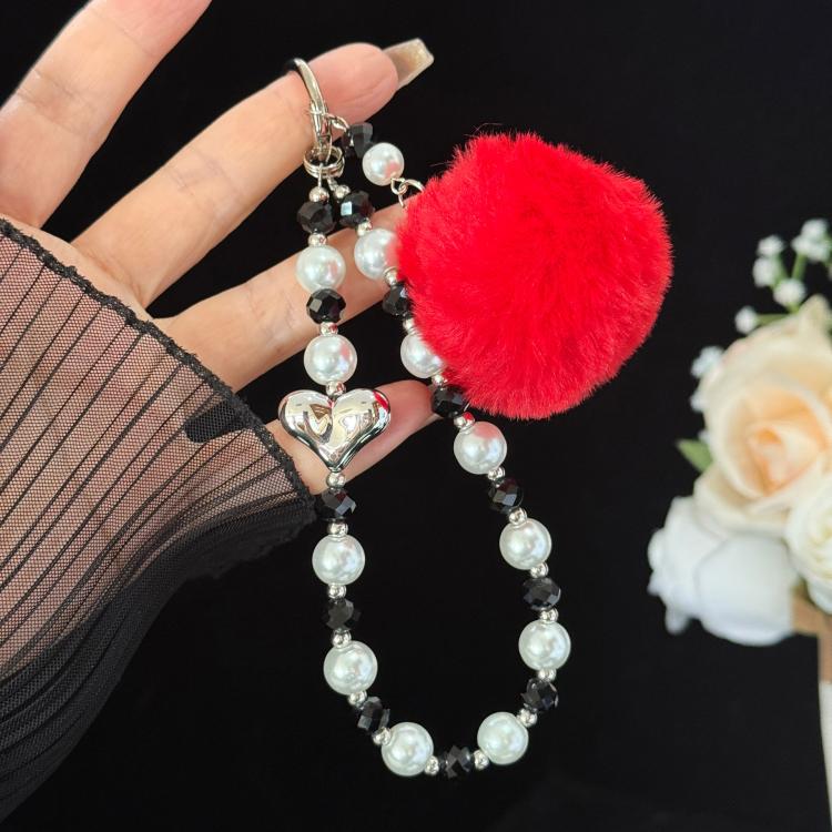 Pom-pom Pearl Heart Bracelet, Red, Brown, Grey
