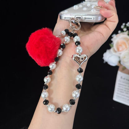 Pom-pom Pearl Heart Bracelet, Red, Brown, Grey