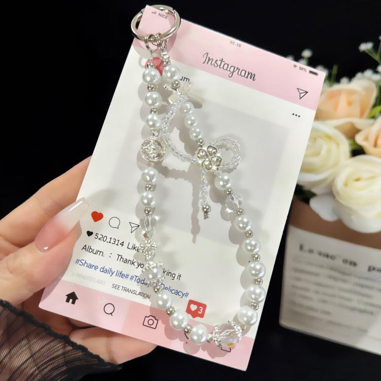 Cross Four-Leaf Clover Pearl Crystal Chain, White, Grey