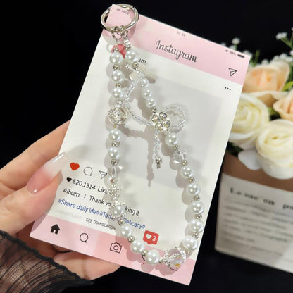 Cross Four-Leaf Clover Pearl Crystal Chain, White, Grey