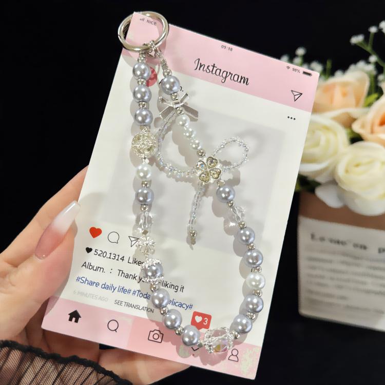 Cross Four-Leaf Clover Pearl Crystal Chain, White, Grey