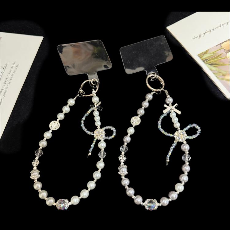 Cross Four-Leaf Clover Pearl Crystal Chain, White, Grey