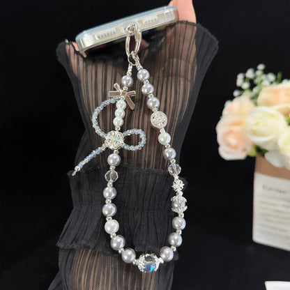 Cross Four-Leaf Clover Pearl Crystal Chain, White, Grey