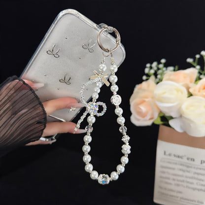 Cross Four-Leaf Clover Pearl Crystal Chain, White, Grey