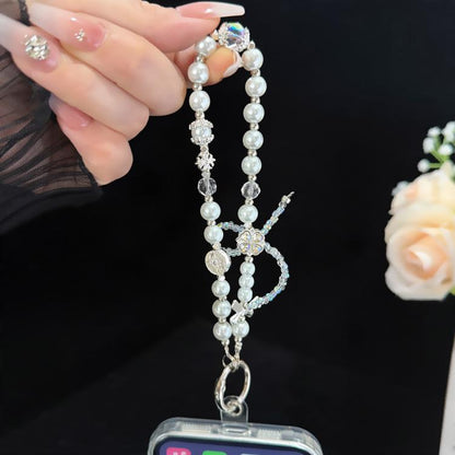 Cross Four-Leaf Clover Pearl Crystal Chain, White, Grey