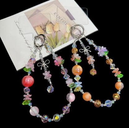 Sweet Floral Beaded Iridescent Crystal Chain, Orange, Pink