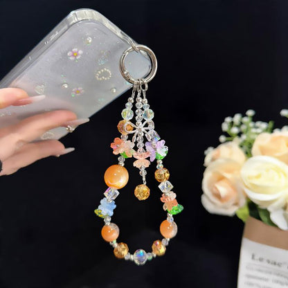 Sweet Floral Beaded Iridescent Crystal Chain, Orange, Pink